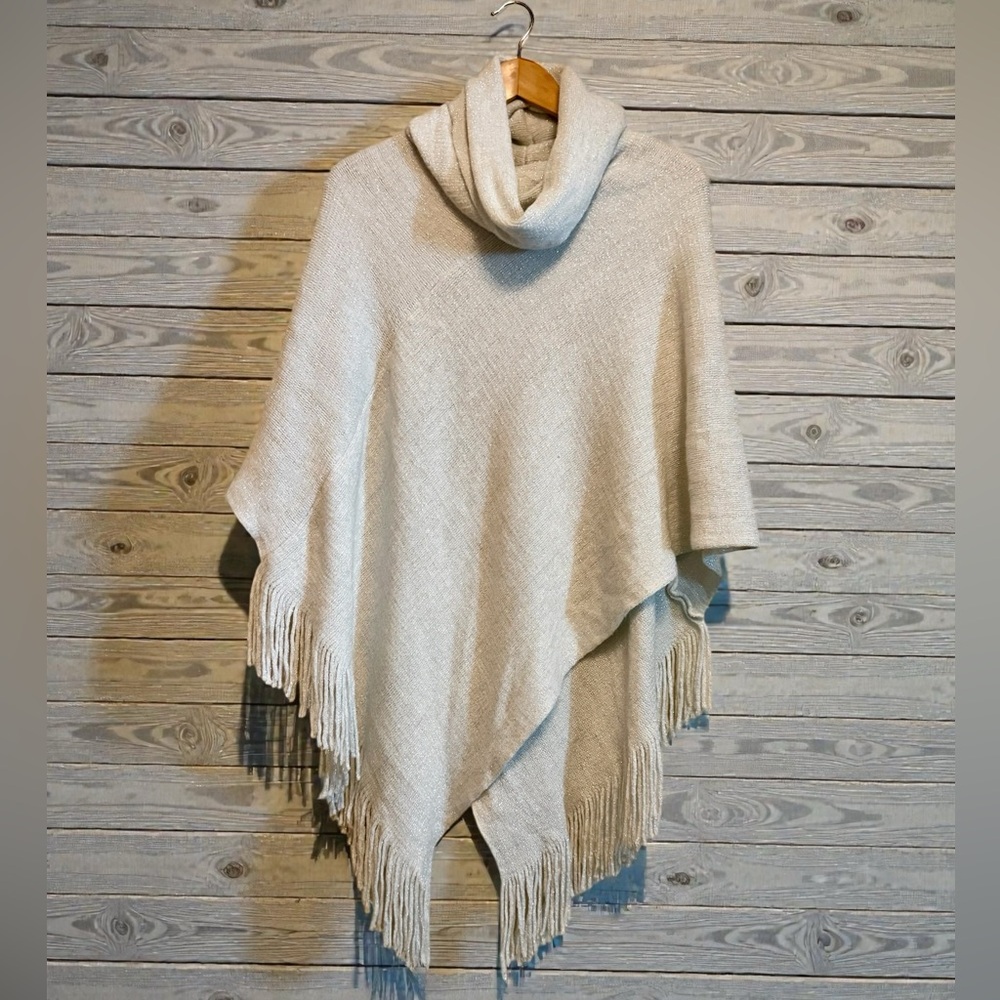 Metallic Silver Gray Knit Poncho with Fringe